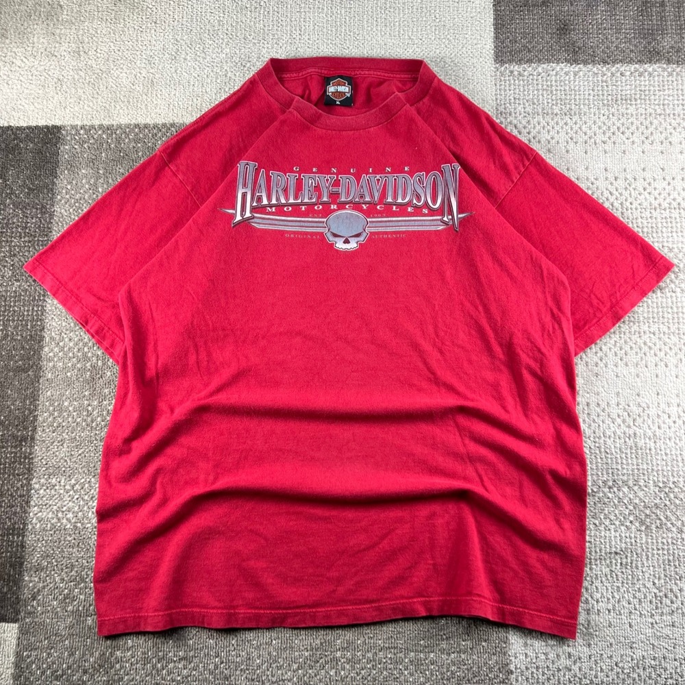Y2K Harley Davidson Mens XL Red Graphic T-Shirt Skull Logo 2005 Made in USA
